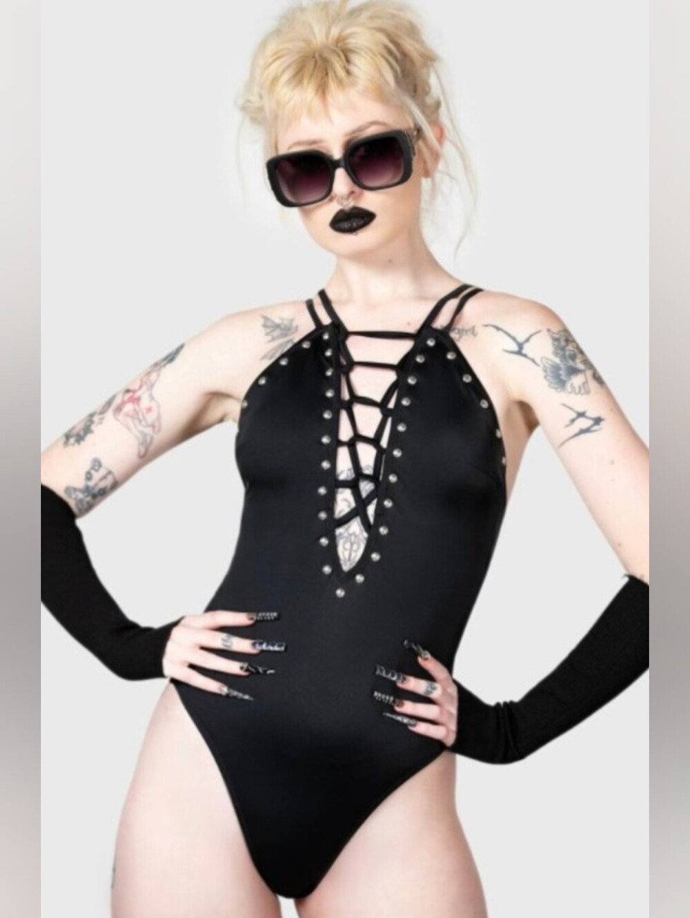 KILLSTAR Lilith's Gaze Black Studded Lace Up Swimsuit Caged Plunge 3XL Plus NWT